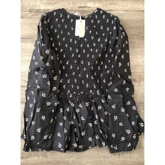 Marine Layer Gabrielle Top Floral Smock Peplum Blouse Black Modern Ditsy NWT XS - Picture 5 of 8